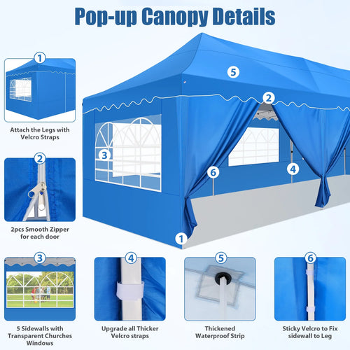 10X30ft Heavy Duty Pop Up Canopy Tent with 8 Sidewalls Blue K37514