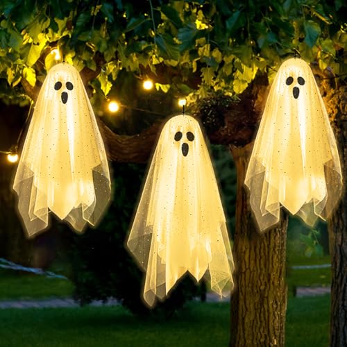 3 Pack 12" Lighted Hanging Ghost Halloween Decorations with Sheer Gauze A2629
